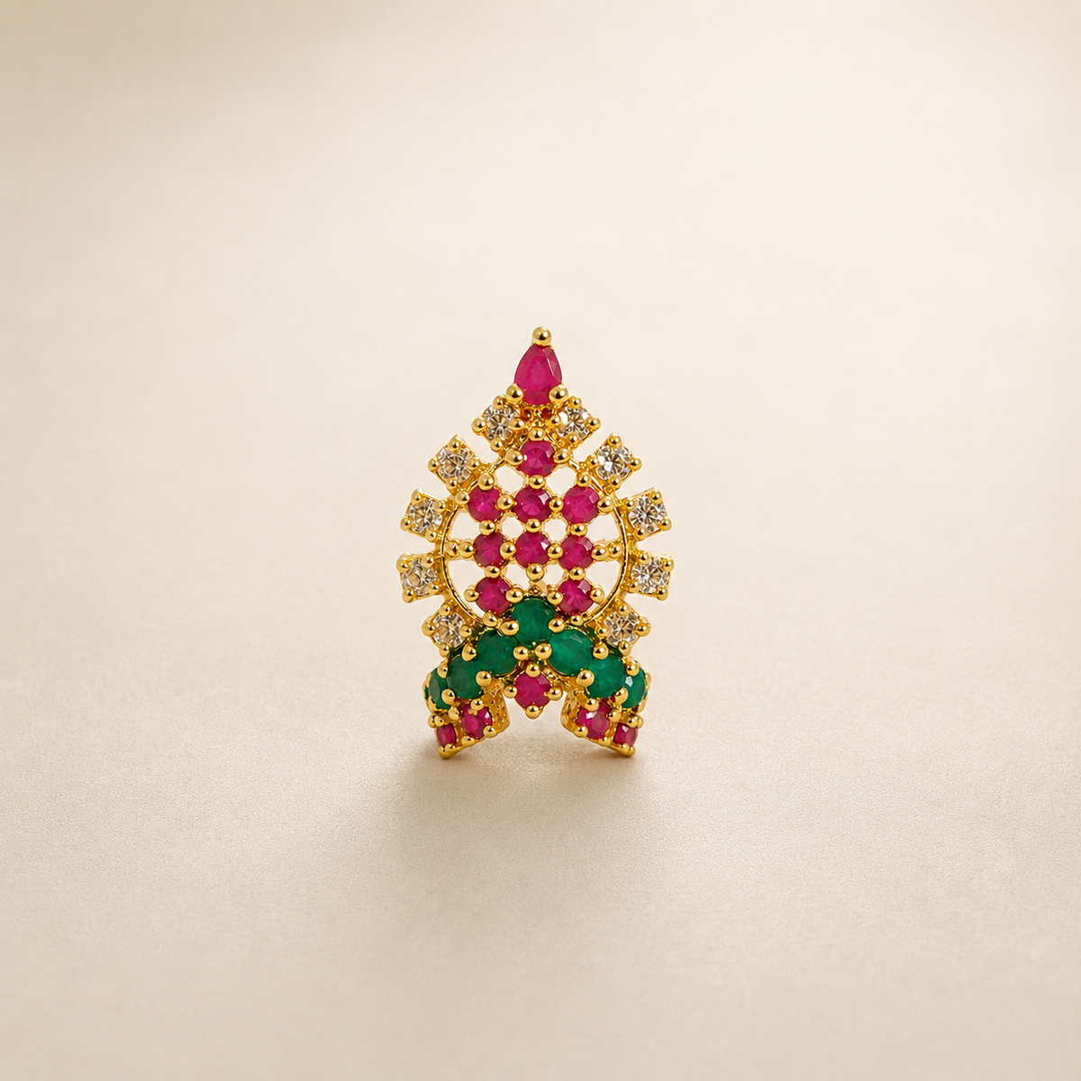 Bansuri Premium Ruby Pink & Emerald Green Stone Studded Gold Finish Deity Mukut for Laddu Gopal, Krishna Ji & God Idols (MK100)