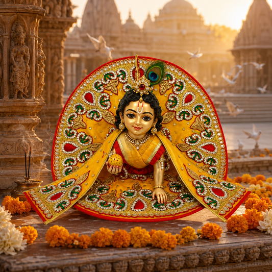 Bansuri Handmade Laddu Gopal Poshak | Premium Yellow Red Designer Dress Set with Embroidered Backdrop for Krishna Ji (8 Inch)