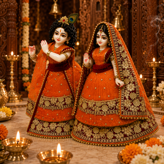 Bansuri Premium Handmade Radha Krishna Poshak | Orange & Maroon Designer Dress with Golden Embroidery (REOR289)