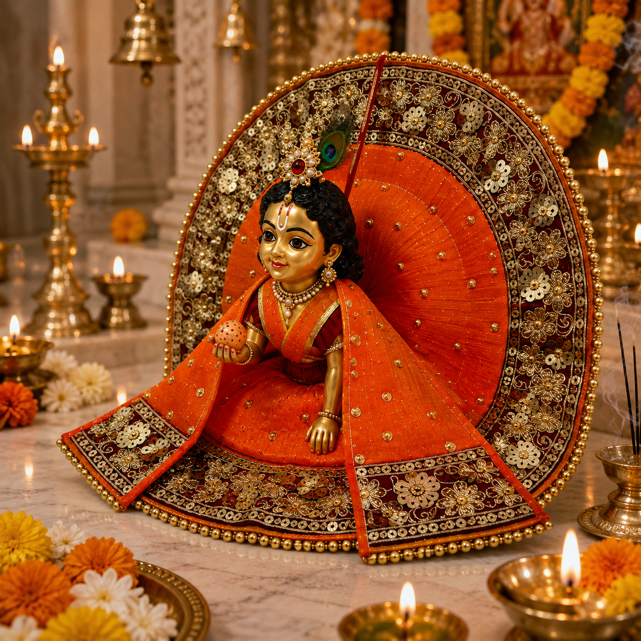 Bansuri Premium Handmade Laddu Gopal Poshak with Decorative Backdrop | Orange & Gold Designer Dress (REOR289)