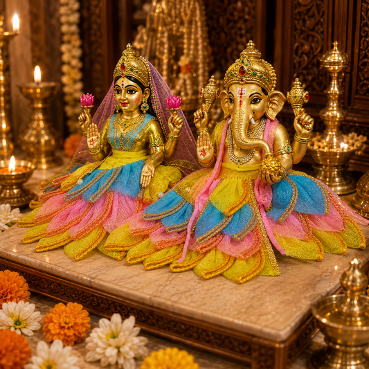 Bansuri Premium Handmade Ganesh Lakshmi Poshak | Designer Ganesh Ji & Lakshmi Ji Dress with Floral Layered Skirt | Festive Deity Dress for Diwali, Ganesh Chaturthi & Daily Shringar (TCO240)