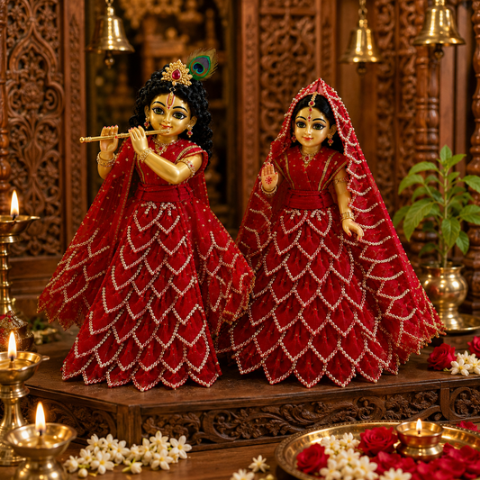 Bansuri Premium Handmade Radha Krishna Poshak Set | Red Pearl Embroidered Radha Krishna Dress | Designer Radha Krishna Shringar Collection (FR239)