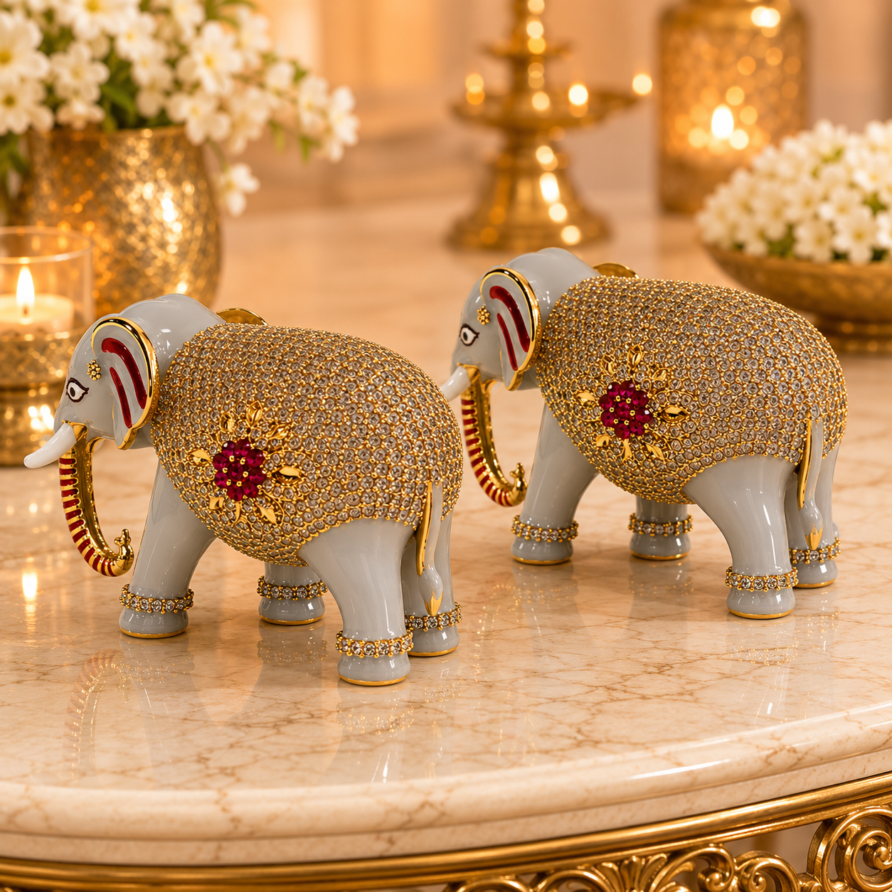 Bansuri Premium Crystal Elephant Showpiece | Luxury Decorative Elephant Figurine | Handmade Gold & Grey Home Décor Statue | Elegant Gift & Vastu Elephant