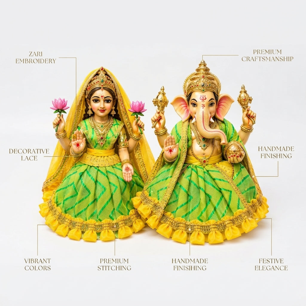 Bansuri Premium Handmade Ganesh Lakshmi Dress | Green & Yellow Deity Poshak | Festival Special (2 Inch)