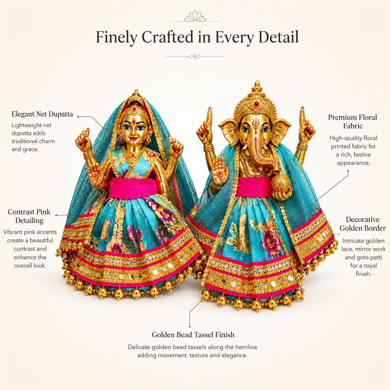 Bansuri Premium Turquoise Blue Floral Ganesh Lakshmi Dress | Designer Deity Poshak with Golden Lace (3 Inch)