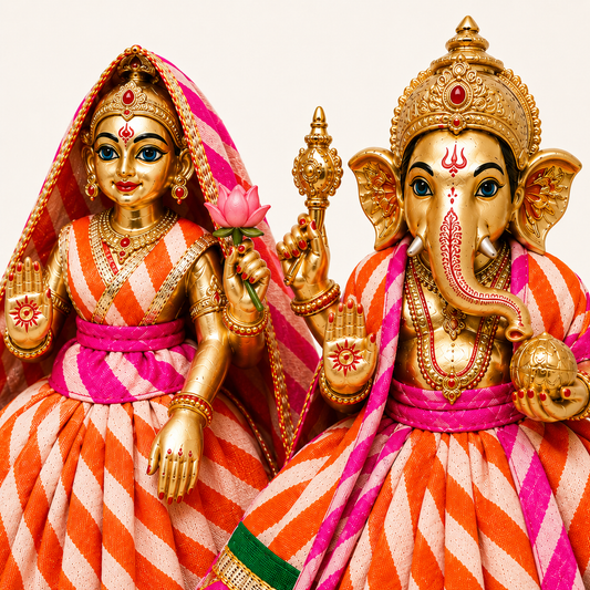Bansuri Premium Orange & White Ganesh Lakshmi Dress | Designer Poshak with Pink Green & Golden Border (5 Inch)