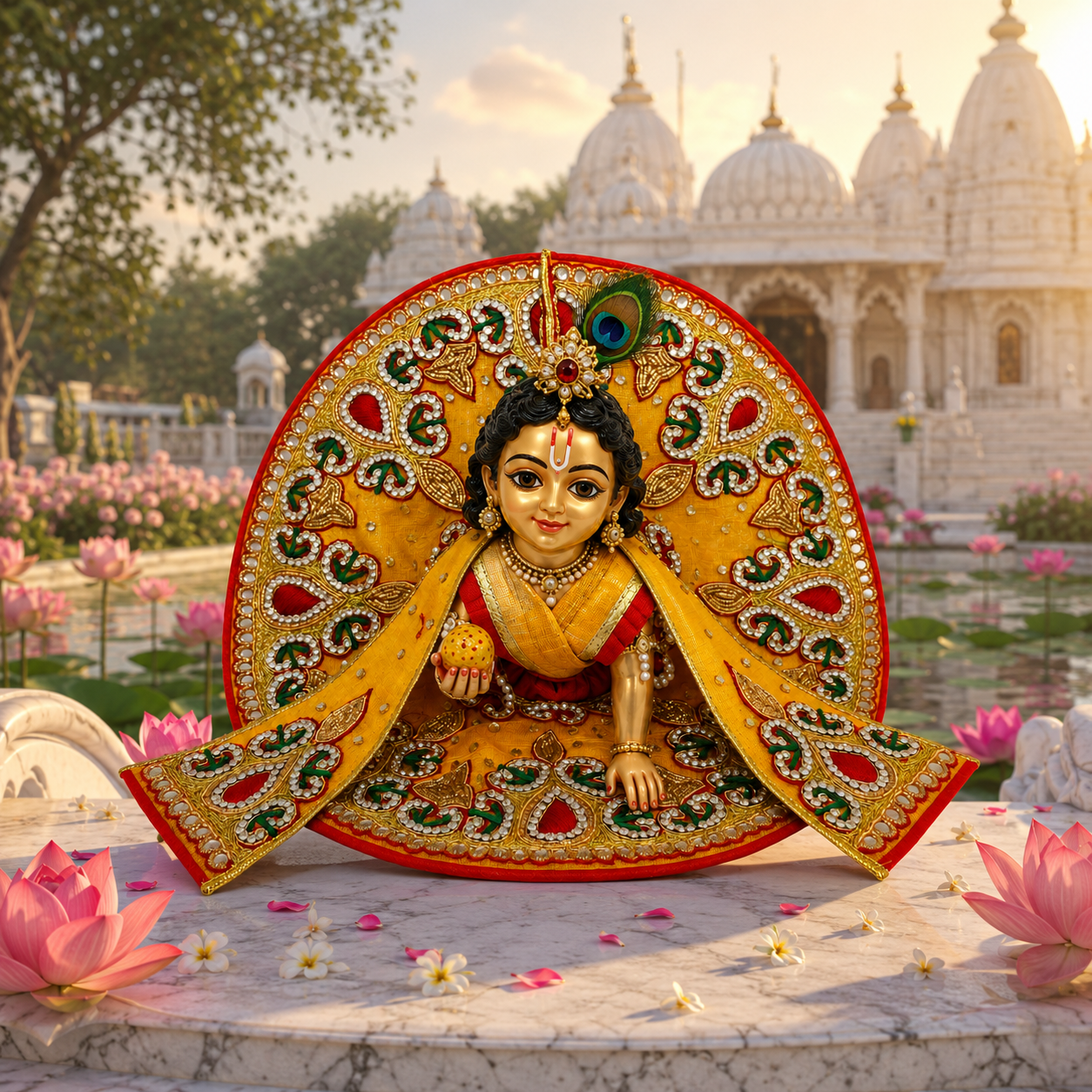Bansuri Handmade Laddu Gopal Poshak | Premium Yellow Red Designer Dress Set with Embroidered Backdrop for Krishna Ji (10 Inch)