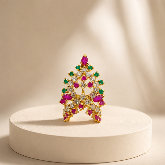 Bansuri Premium Ruby Pink & Emerald Green Stone Studded Gold Finish Deity Mukut for Laddu Gopal, Krishna Ji & God Idols (MK100)