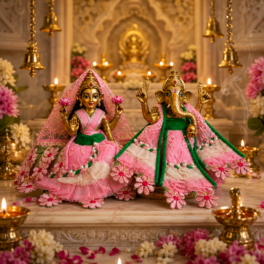 Bansuri Premium Handmade Ganesh Ji Lakshmi Ji Poshak Set | Pink Green Floral Embroidered Ganesh Lakshmi Dress | Designer Festival Shringar Collection (PIGR241)