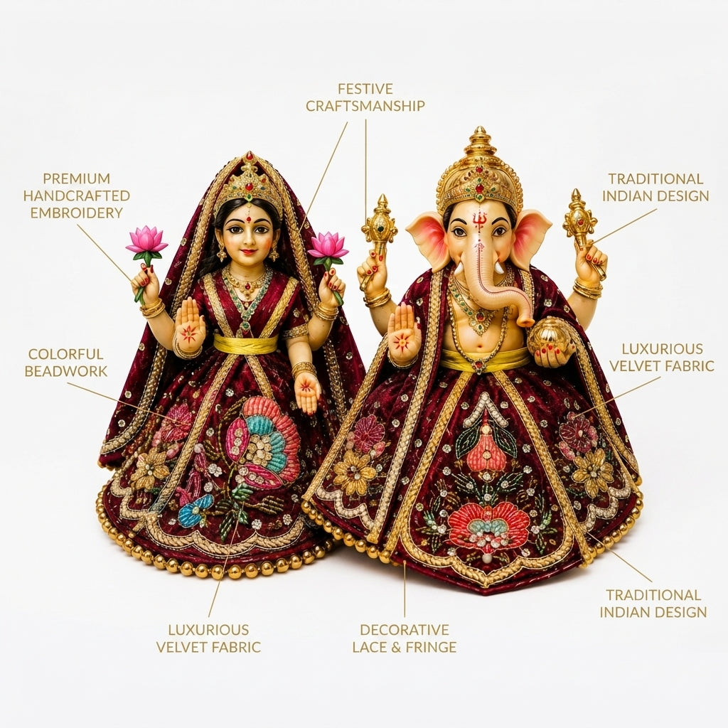 Bansuri Premium Handmade Maroon Embroidered Ganesh Lakshmi Dress | Designer Velvet Deity Poshak (2 Inch)