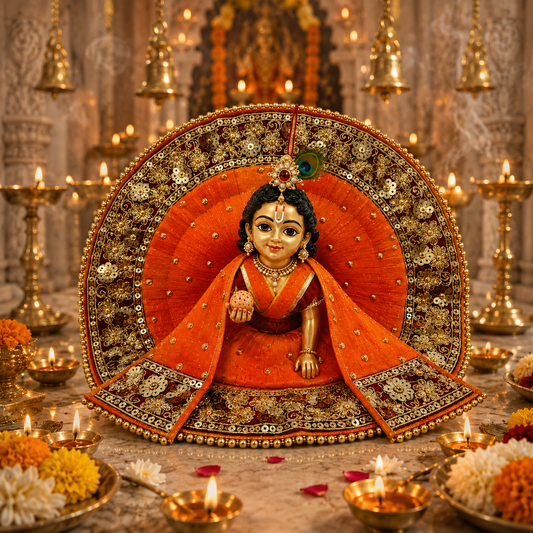 Bansuri Premium Handmade Laddu Gopal Poshak with Decorative Backdrop | Orange & Gold Designer Dress (REOR289)