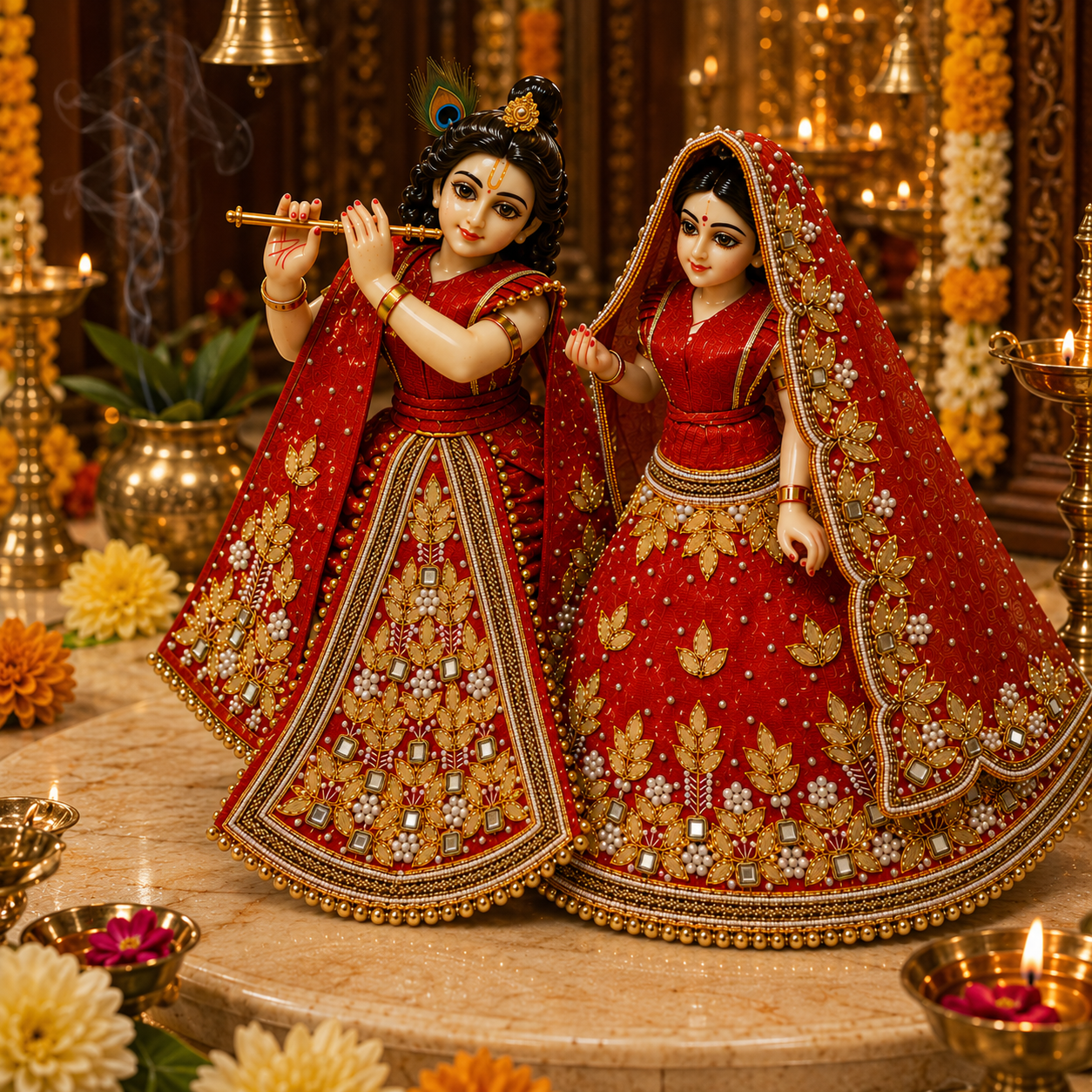 Bansuri Premium Handmade Radha Krishna Poshak | Red & Gold Designer Dress with Pearl, Stone & Beadwork (RGO260)