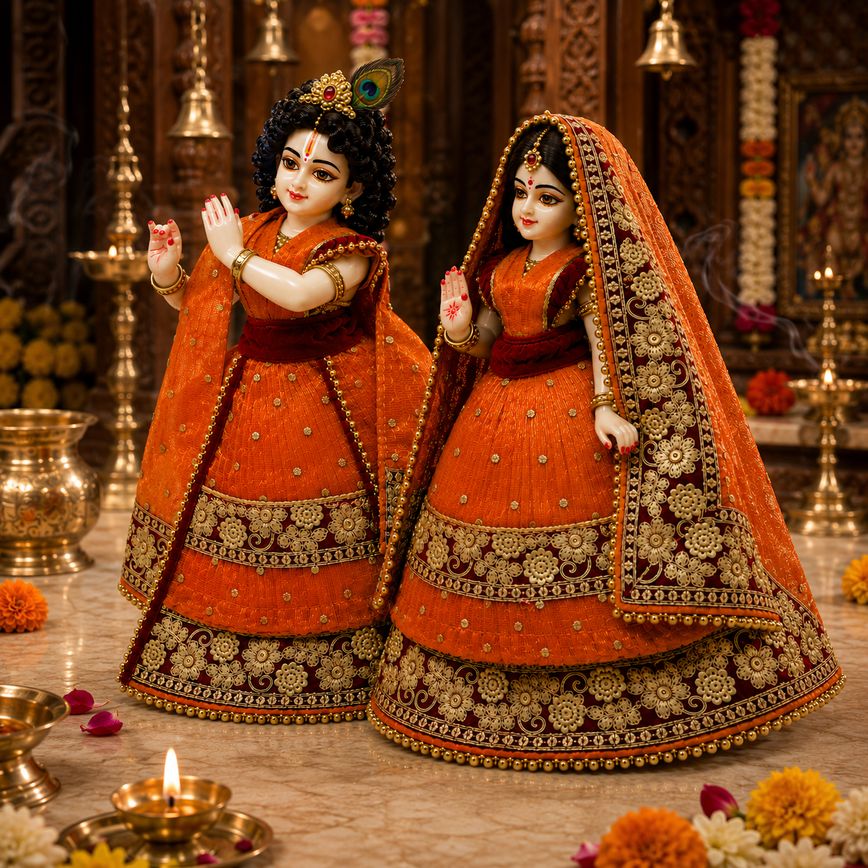 Bansuri Premium Handmade Radha Krishna Poshak | Orange & Maroon Designer Dress with Golden Embroidery (REOR289)