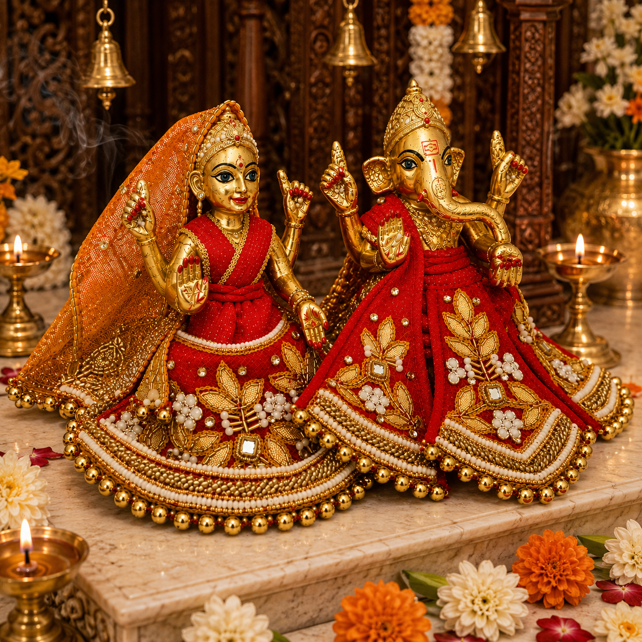 Bansuri Premium Handmade Lakshmi Ganesh Poshak | Red & Gold Designer Dress with Zari & Beadwork (RGO260)