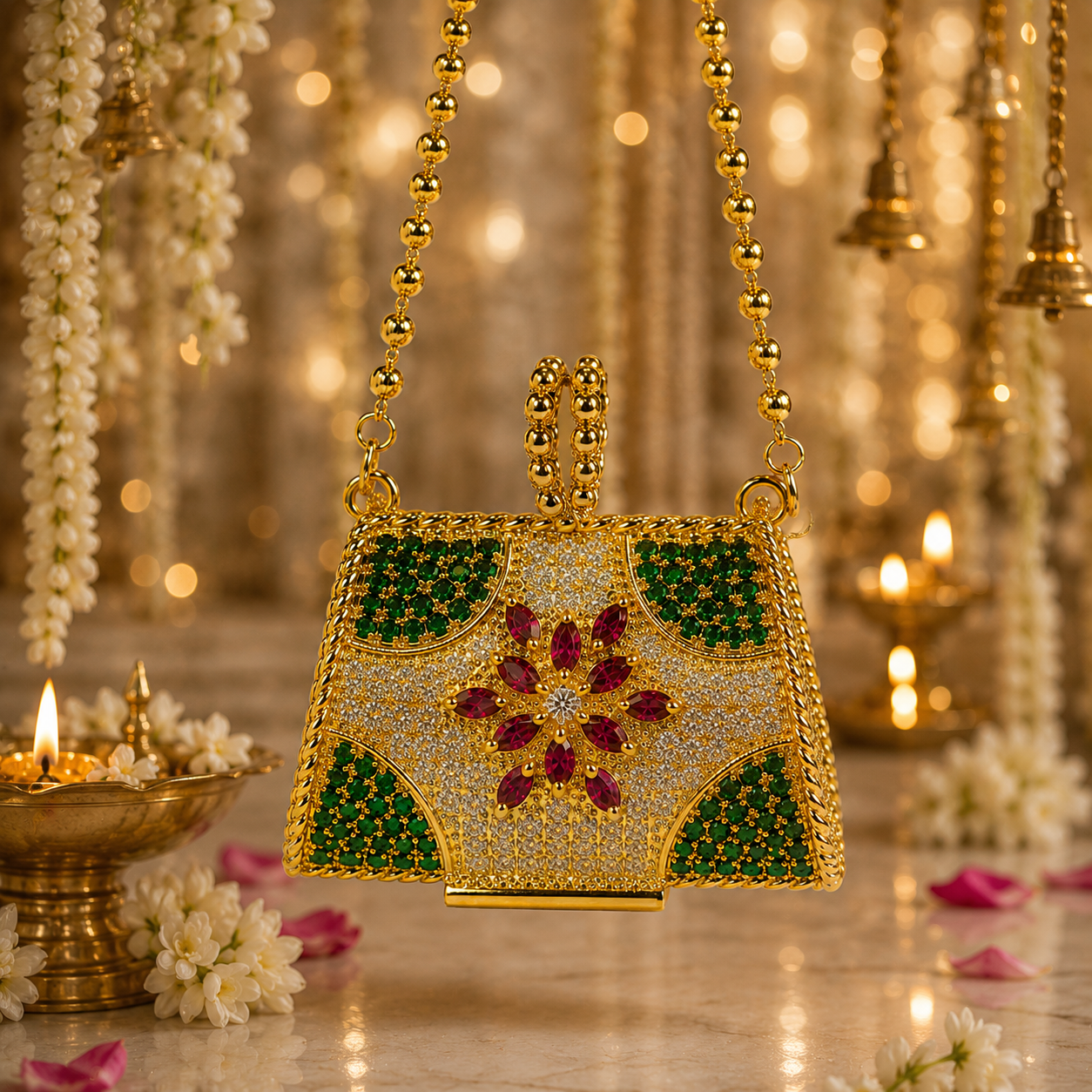 Bansuri Premium Crystal Potli Bag Pendant For Deity Idol | Luxury Handcrafted Temple Purse Ornament For Home Mandir Decor