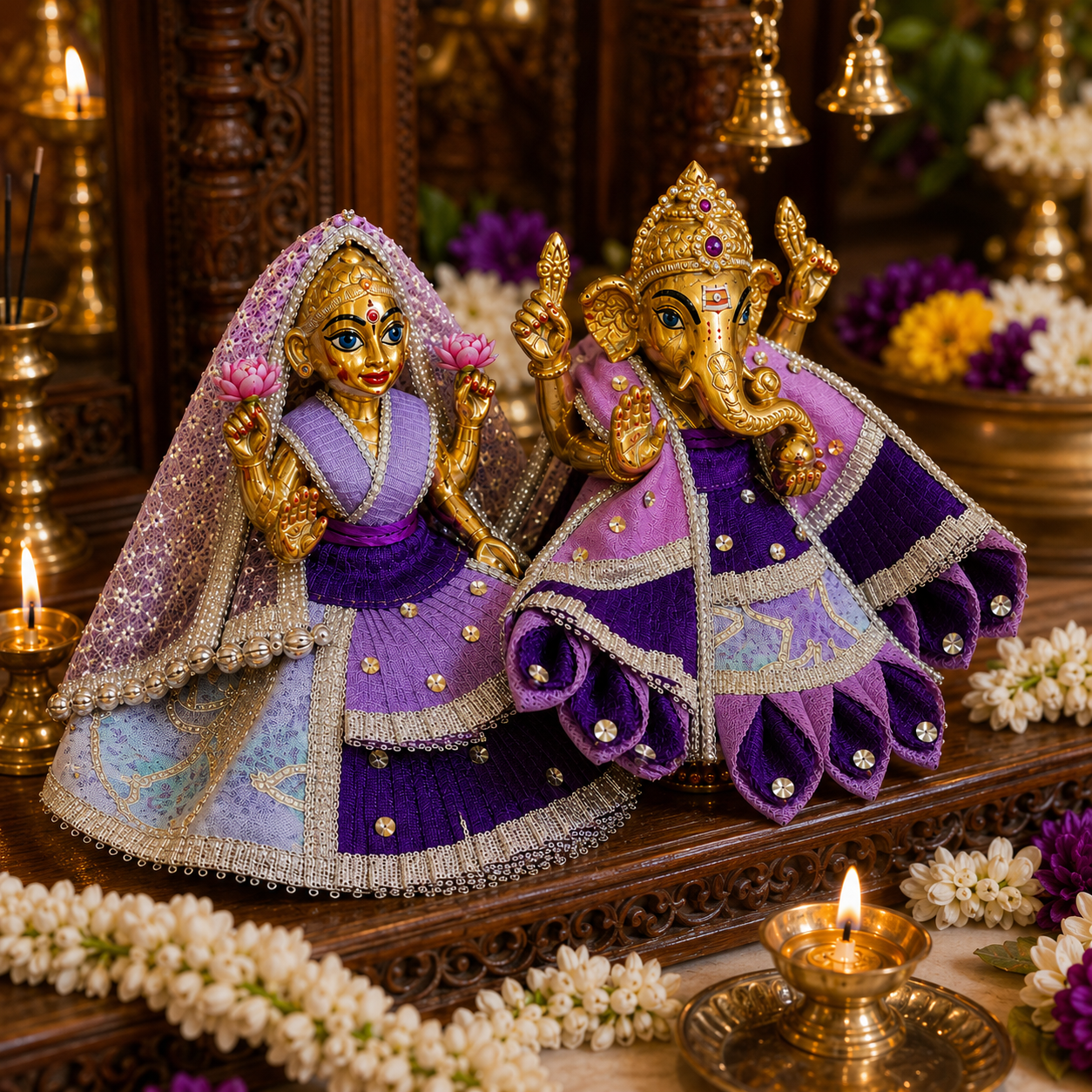 Bansuri Premium Handmade Ganesh Lakshmi Poshak – Purple & Lavender Designer Ganesh Ji Lakshmi Ji Dress for Festival, Pooja & Temple Decoration (PUR221)