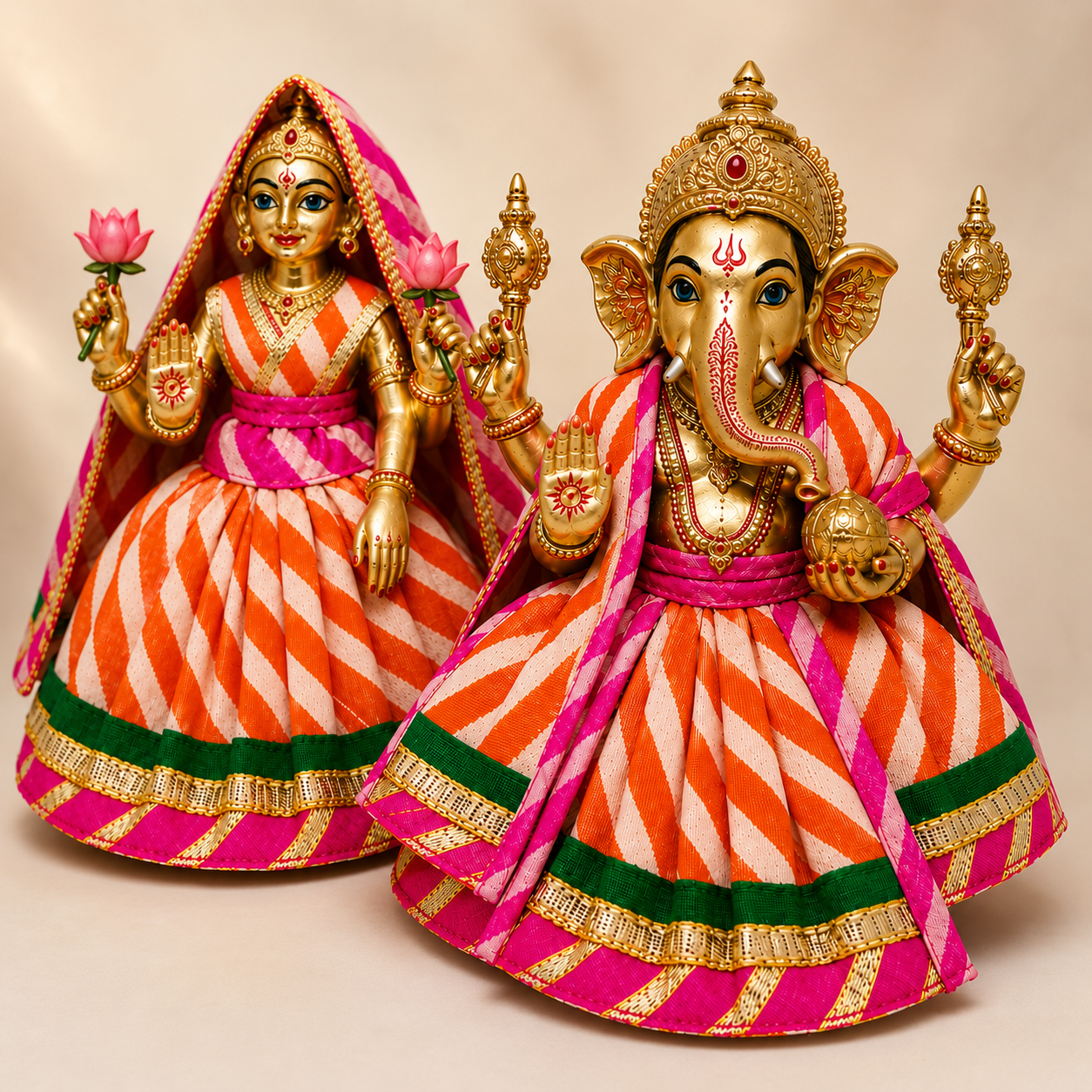 Bansuri Premium Orange & White Ganesh Lakshmi Dress | Designer Poshak with Pink Green & Golden Border (5 Inch)