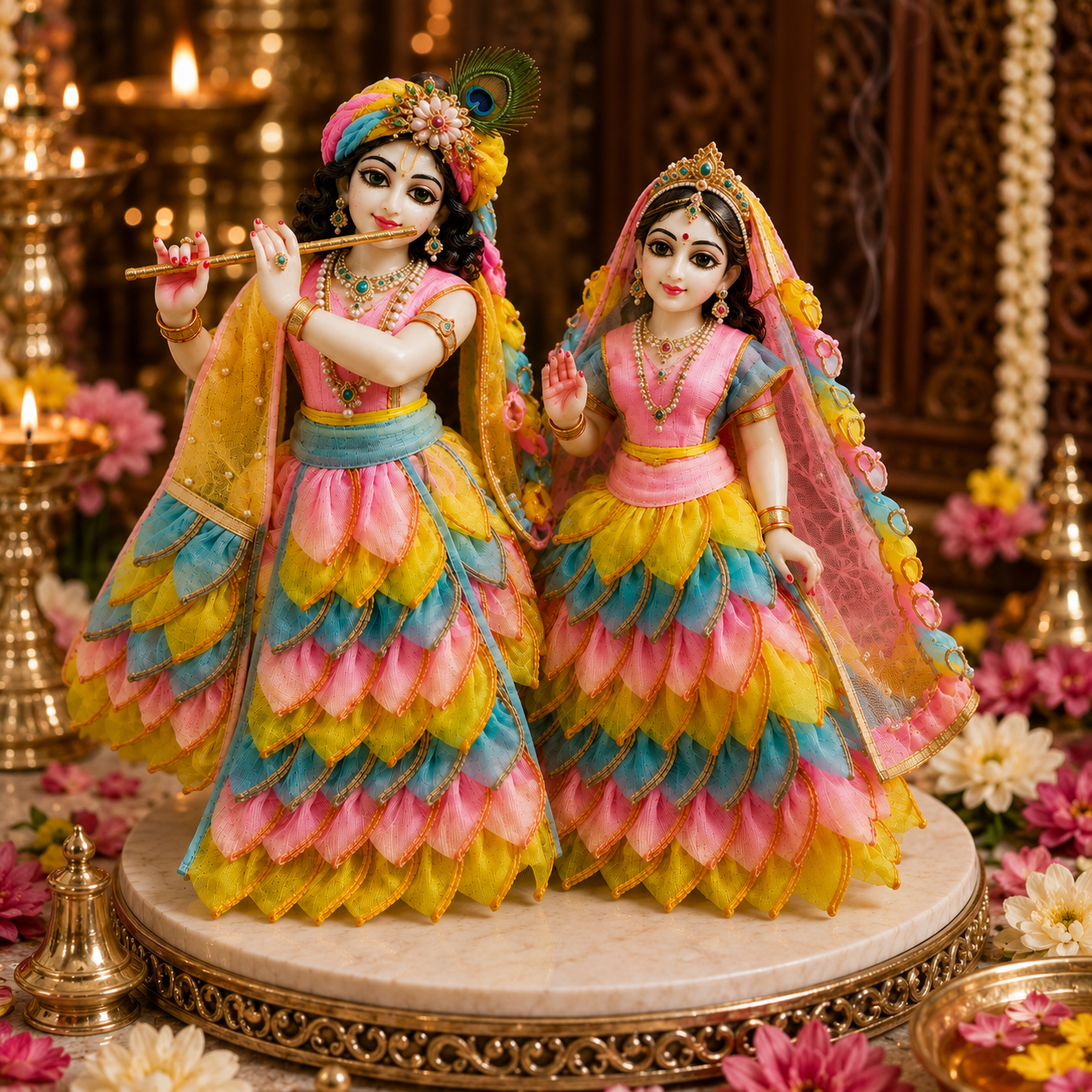 Bansuri Premium Handmade Radha Krishna Poshak | Designer Radha Rani & Krishna Ji Dress with Layered Floral Design | Festive Deity Dress for Janmashtami, Radhashtami & Daily Shringar (TCO240)