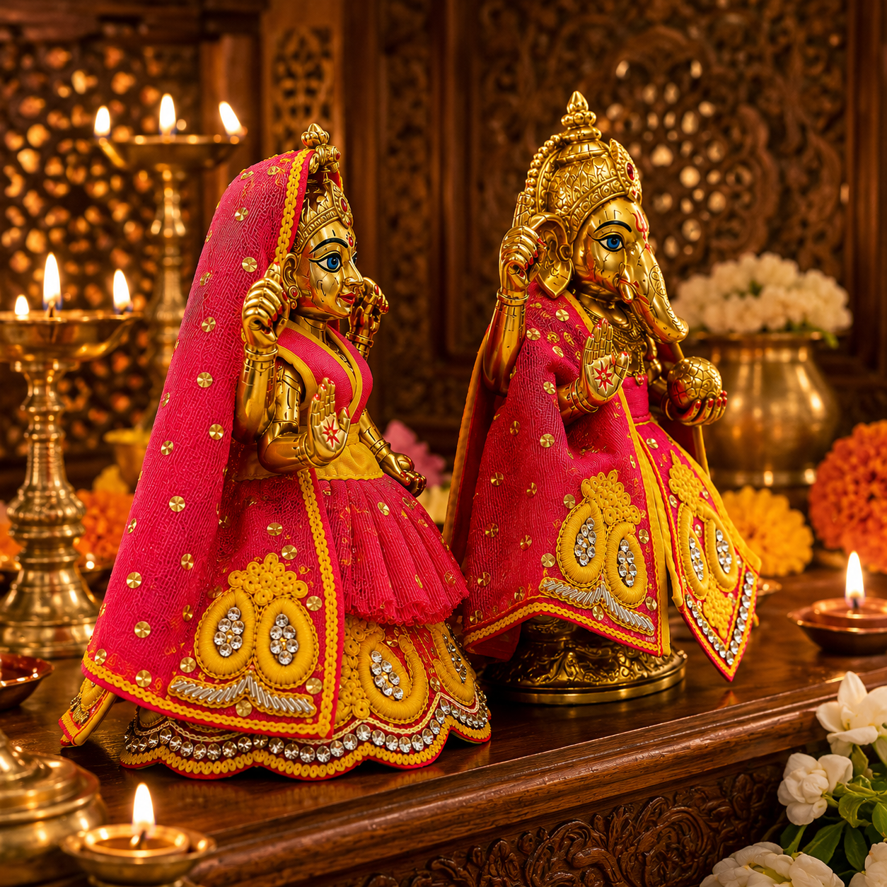 Bansuri Premium Handmade Ganesh Lakshmi Poshak | Designer Ganesh Ji Lakshmi Ji Dress | Yellow & Pink Embroidered Deity Vastra | Festival Collection
