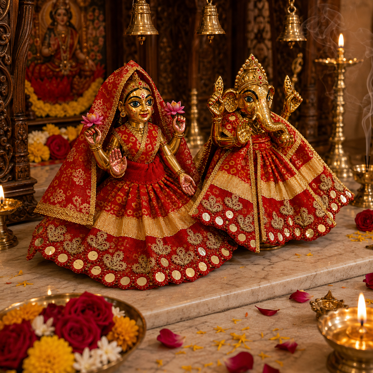 Bansuri Premium Handmade Lakshmi Ganesh Poshak | Red & Gold Designer Dress for Lakshmi Ji and Ganesh Ji (RB262)