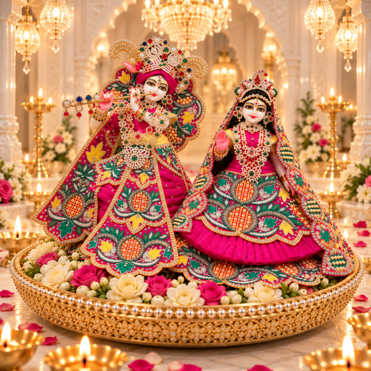 Radha Krishna Poshak – Rani Pink Pearl & Stone Work Dress Set for Krishna Ji & Radha Rani | Bansuri (GRP257)