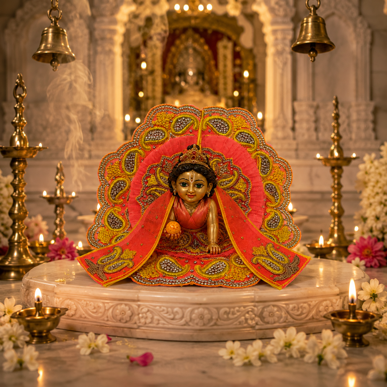 Bansuri Premium Handmade Laddu Gopal Poshak | Designer Bal Gopal Dress with Decorative Backdrop | Yellow & Pink Embroidered Kanha Ji Vastra | Festival Collection (NPY130)