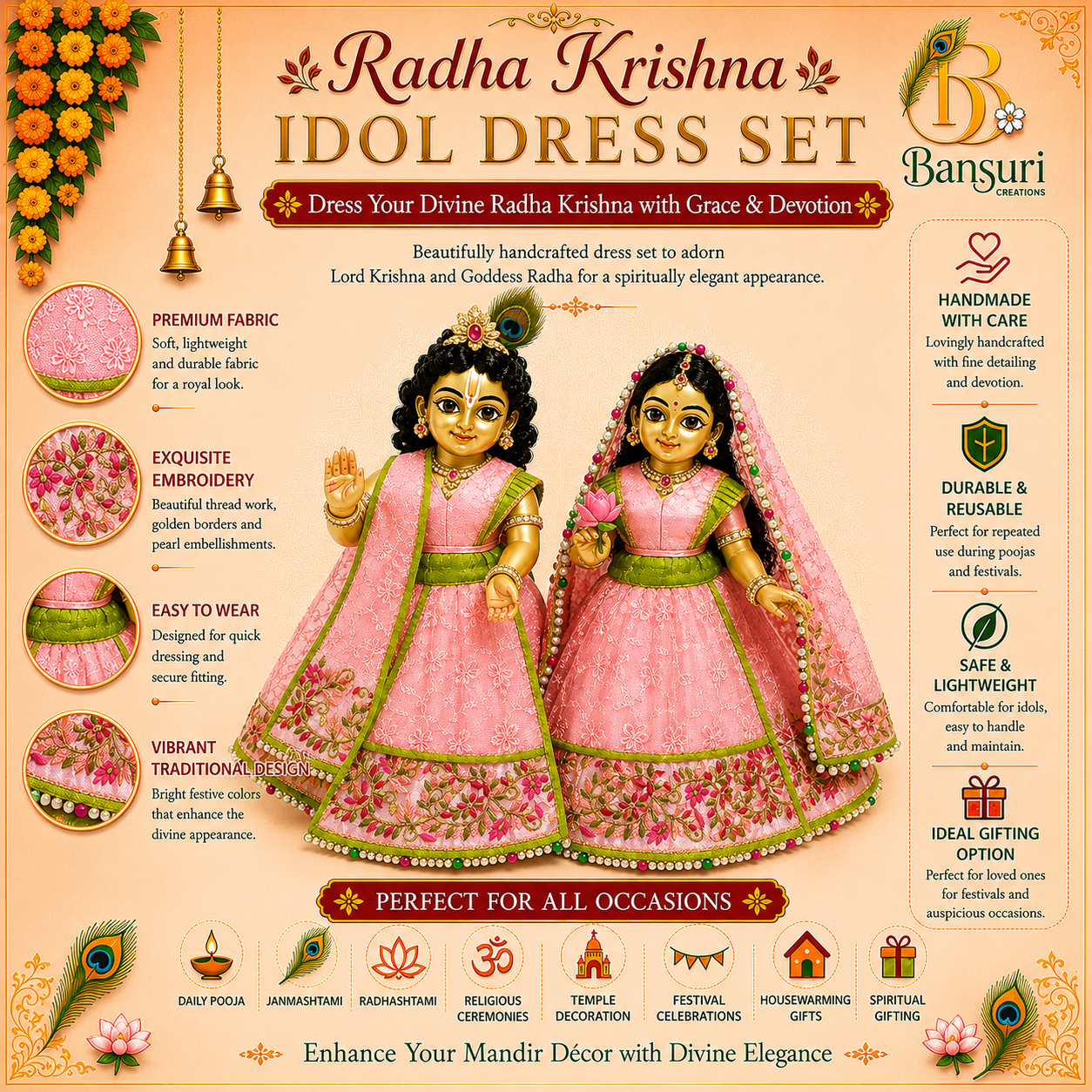 BANSURI Premium Handmade Pink Floral Embroidered Radha Krishna Dress Set