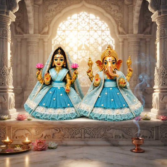 Bansuri Handmade Ganesh Lakshmi Dress Set | Sky Blue Poshak for Ganesh Ji & Lakshmi Mata Idol (3 Inch)