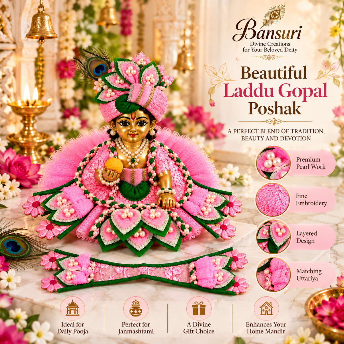Pink Laddu Gopal Poshak with Pearl Work | Bansuri Handcrafted Pink Designer Net Poshak for Laddu Gopal Ji | Heavy Pearl & Lace Embroidery Dress for Bal Gopal / Krishna / Thakur Ji (PIGR241)