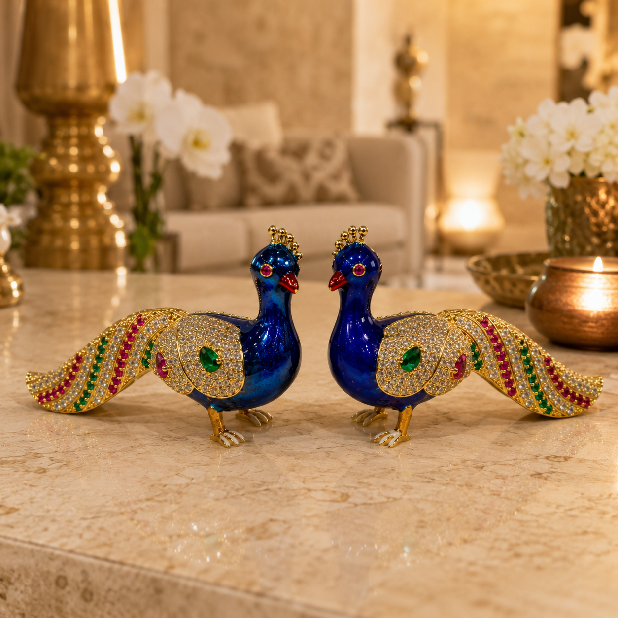 Bansuri Premium Handmade Crystal Peacock Showpiece With Blue Enamel, Gold Finish And Sparkling Crystal Stones For Luxury Home Decoration