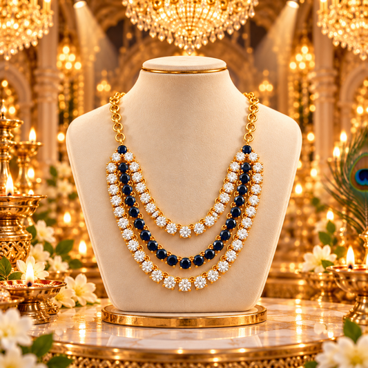 Bansuri Premium Blue & White Stone Deity Necklace for God Idol | Luxury 3-Layer Mala for Laddu Gopal, Krishna Ji, Radha Rani & All Deities (N173)