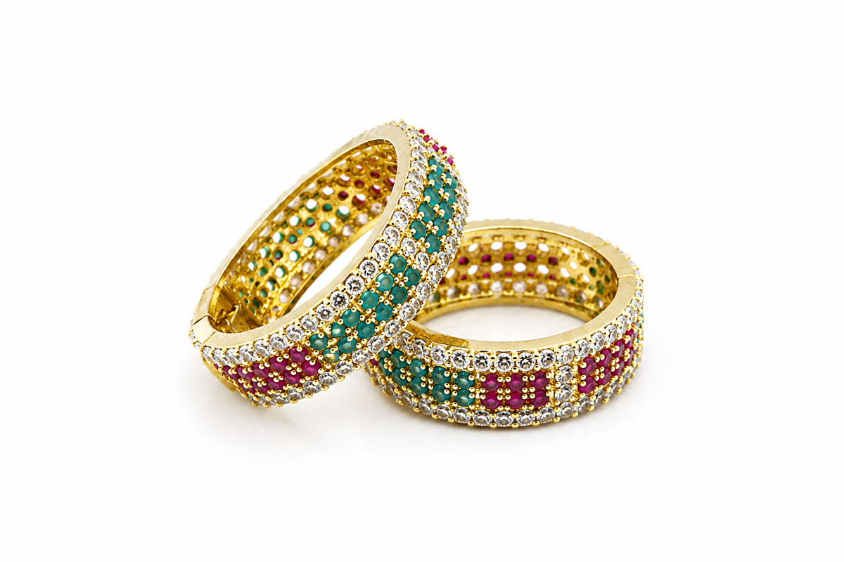 Bansuri Deity Bangles Set of 2 – Gold-Plated God Churi with Ruby & Emerald AD Stonework, Stylish Locking Clasp for Krishna, Radha, Lakshmi & Laddu Gopal Idols