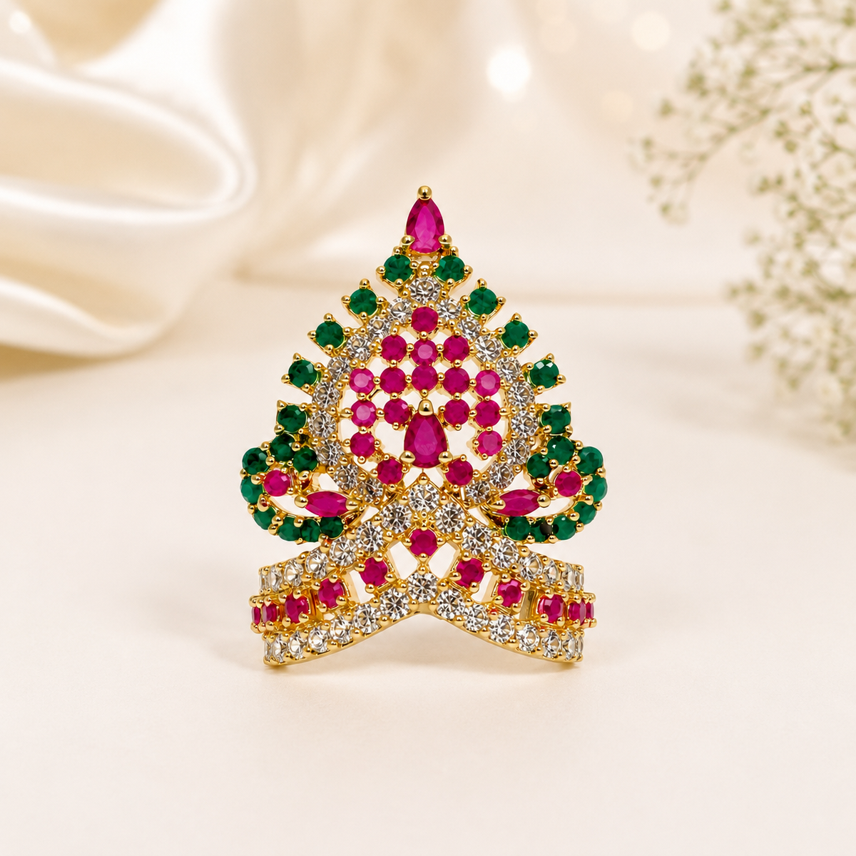 Bansuri Premium Ruby Pink & Emerald Green Stone Studded Gold Finish Deity Mukut for Laddu Gopal, Krishna Ji & God Idols (MK100)