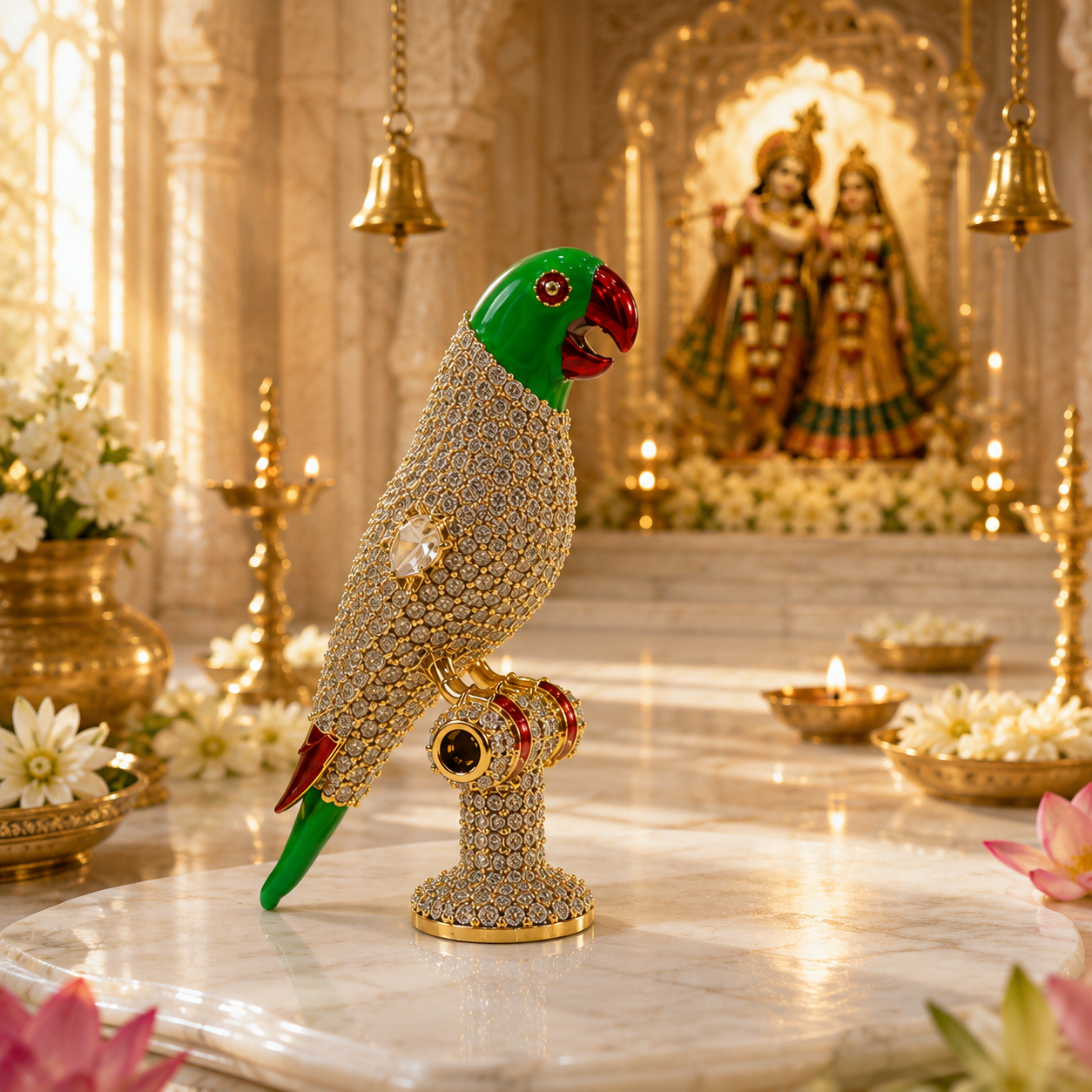 Bansuri Premium Crystal Parrot Showpiece for Home Temple | Luxury Decorative Pair & Single for Radha Krishna & Other Deity Singhasan | Handcrafted Devotional Mandir Decor