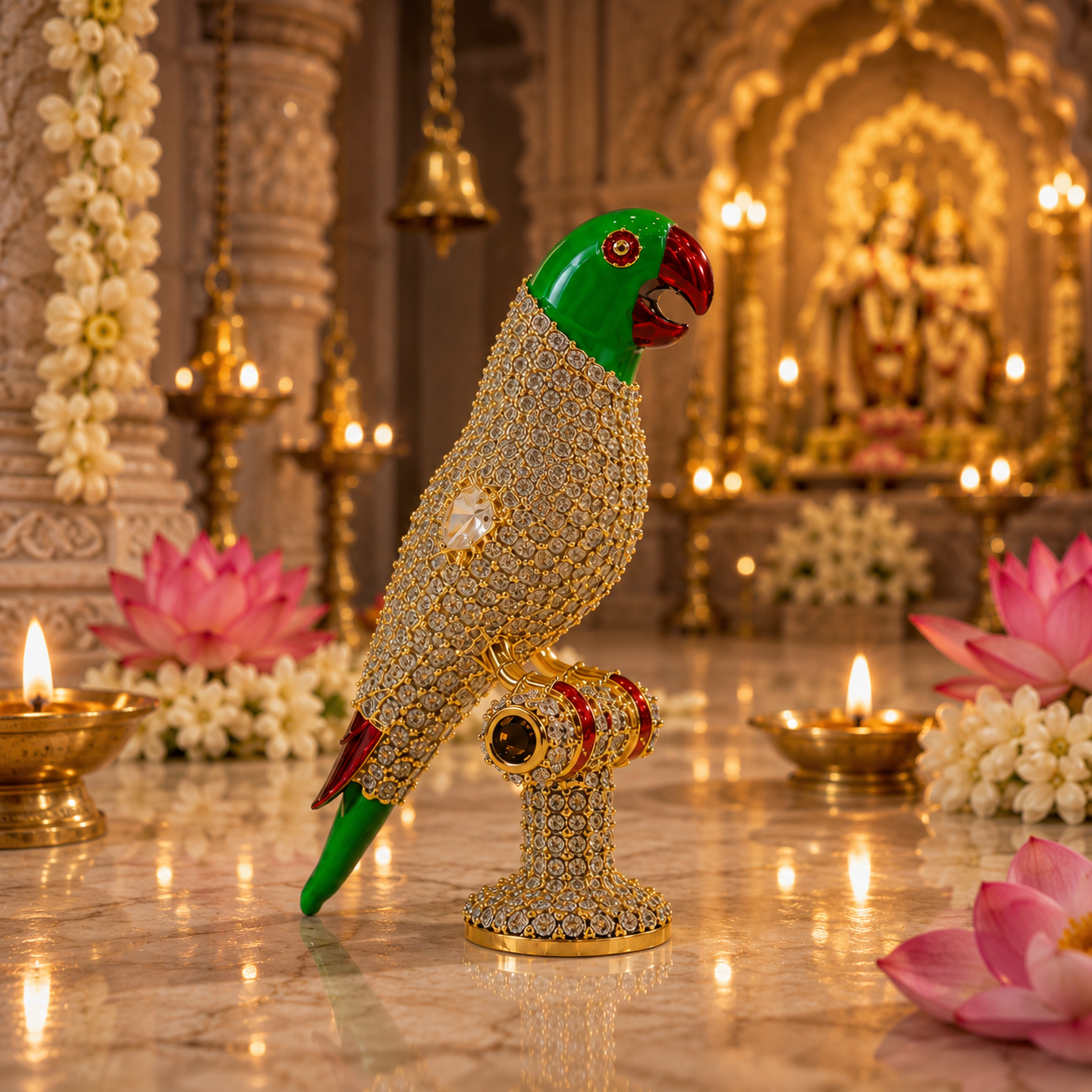 Bansuri Premium Crystal Parrot Showpiece for Home Temple | Luxury Decorative Pair & Single for Radha Krishna & Other Deity Singhasan | Handcrafted Devotional Mandir Decor