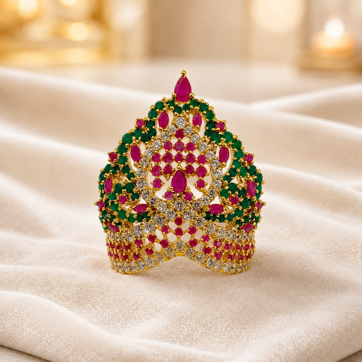 Bansuri Premium Ruby Pink & Emerald Green Stone Studded Gold Finish Deity Mukut for Laddu Gopal, Krishna Ji & God Idols (MK100)