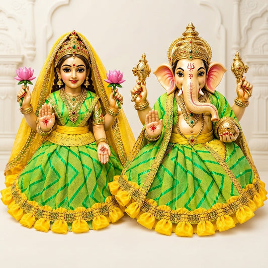 Ganesh Laxmi Dress Set – Bansuri deity collection Green Zigzag Print Poshak with Golden Tassel Border & Yellow Veil