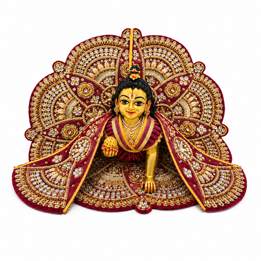 Bansuri Premium Maroon Laddu Gopal Poshak | Heavy Pearl & Stone Work Designer Dress for Bal Gopal Ji (14 Inch)