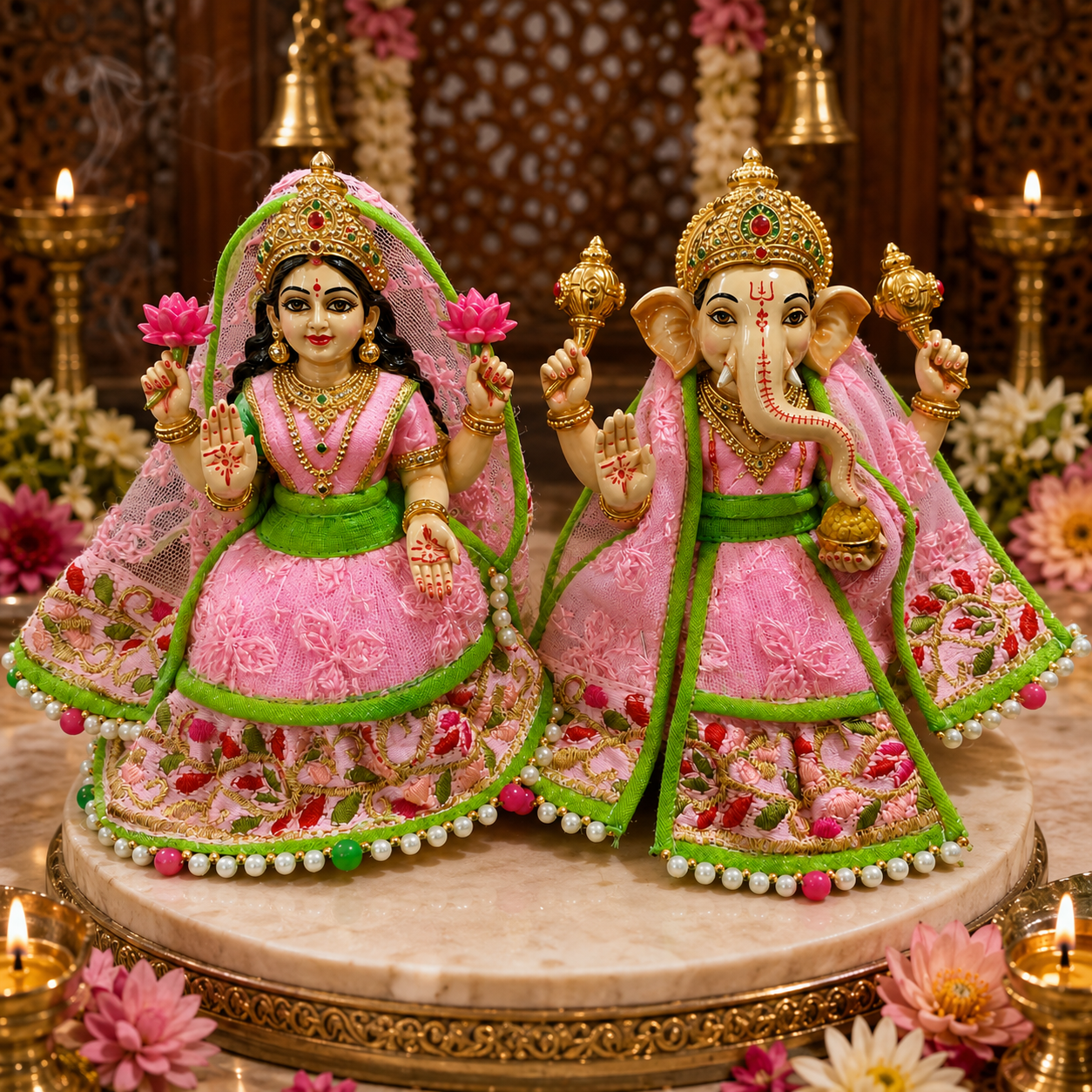 Bansuri Premium Handmade Pink & Green Ganesh Lakshmi Ji Dress Set | Designer Poshak for Ganesh Lakshmi Idol | Festive Pooja Shringar (THPI286)