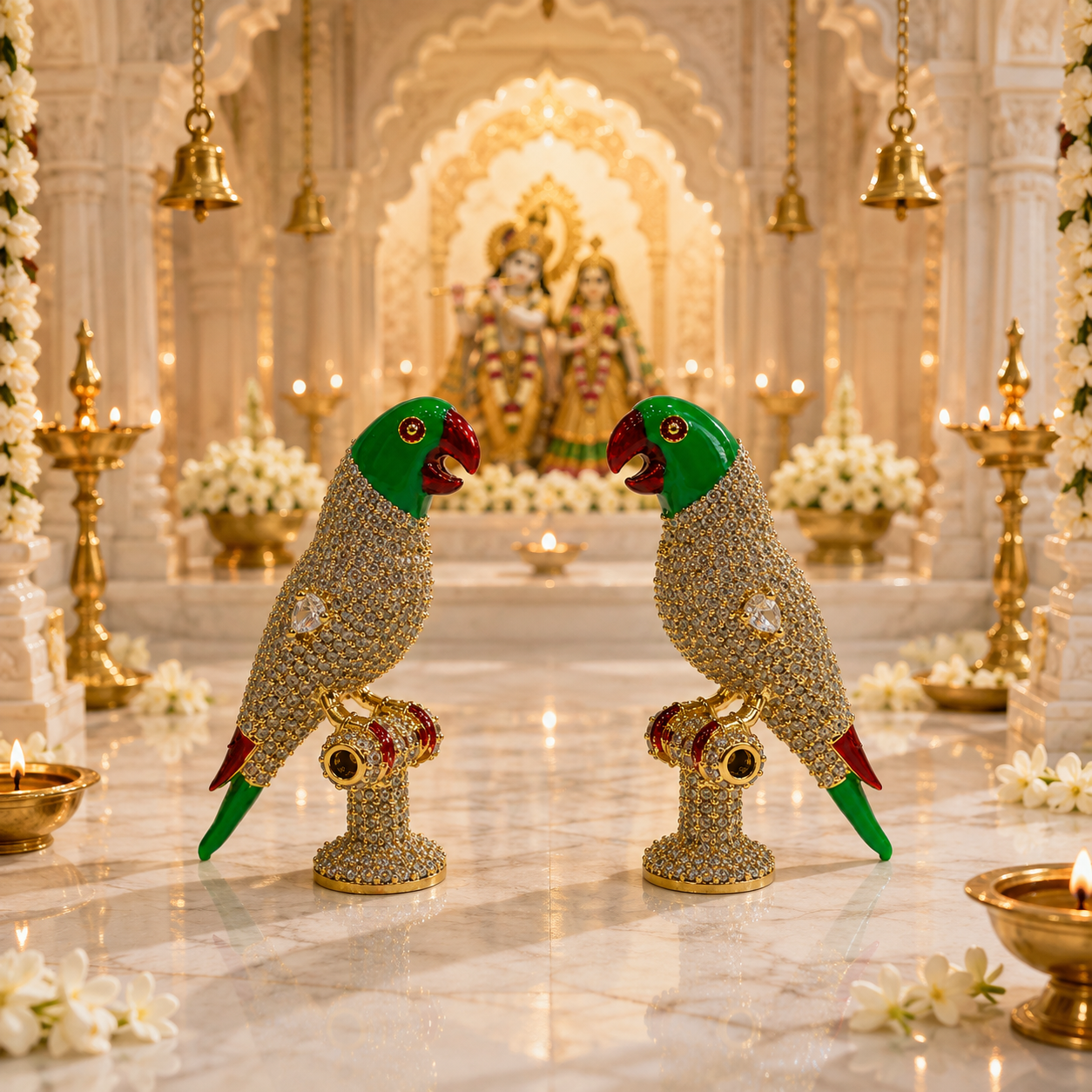 Bansuri Premium Crystal Parrot Showpiece for Home Temple | Luxury Decorative Pair & Single for Radha Krishna & Other Deity Singhasan | Handcrafted Devotional Mandir Decor