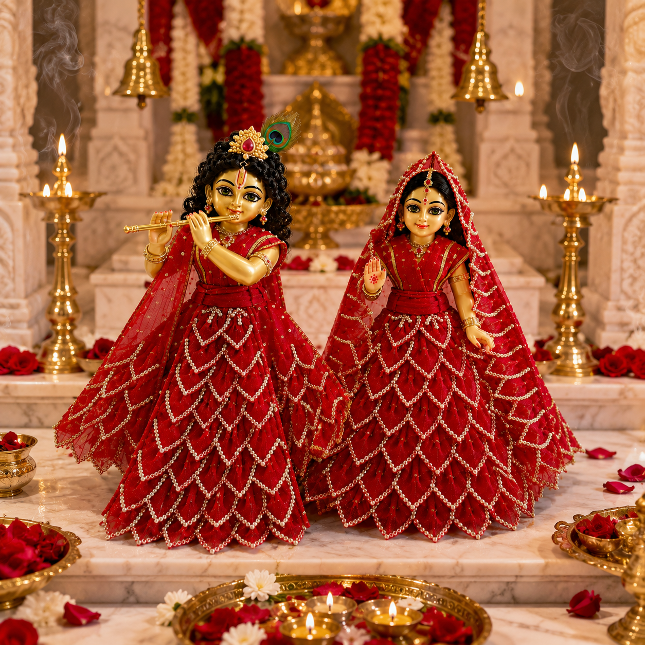 Bansuri Premium Handmade Radha Krishna Poshak Set | Red Pearl Embroidered Radha Krishna Dress | Designer Radha Krishna Shringar Collection (FR239)