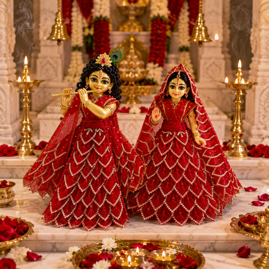 Bansuri Premium Handmade Radha Krishna Poshak Set | Red Pearl Embroidered Radha Krishna Dress | Designer Radha Krishna Shringar Collection (FR239)