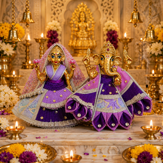 Bansuri Premium Handmade Ganesh Lakshmi Poshak – Purple & Lavender Designer Ganesh Ji Lakshmi Ji Dress for Festival, Pooja & Temple Decoration (PUR221)