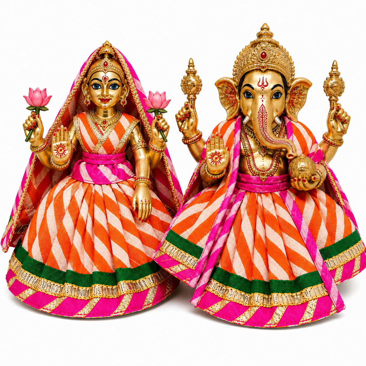 Bansuri Premium Orange & White Ganesh Lakshmi Dress | Designer Poshak with Pink Green & Golden Border (5 Inch)