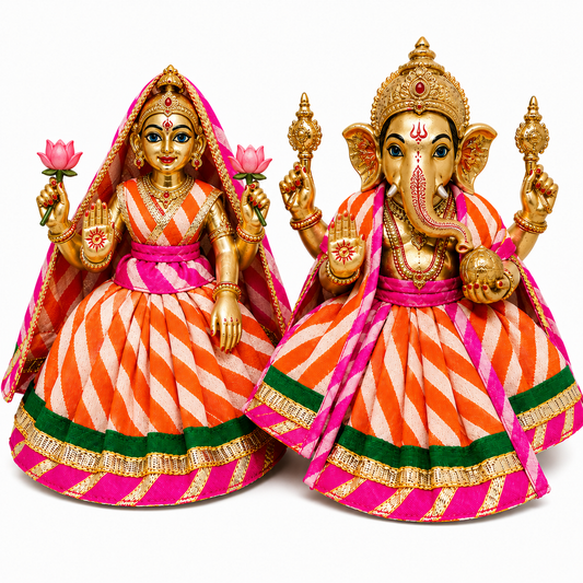 Bansuri Premium Orange & White Ganesh Lakshmi Dress | Designer Poshak with Pink Green & Golden Border (5 Inch)