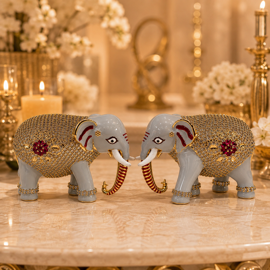 Bansuri Premium Crystal Elephant Showpiece | Luxury Decorative Elephant Figurine | Handmade Gold & Grey Home Décor Statue | Elegant Gift & Vastu Elephant (ELEPHANT01)
