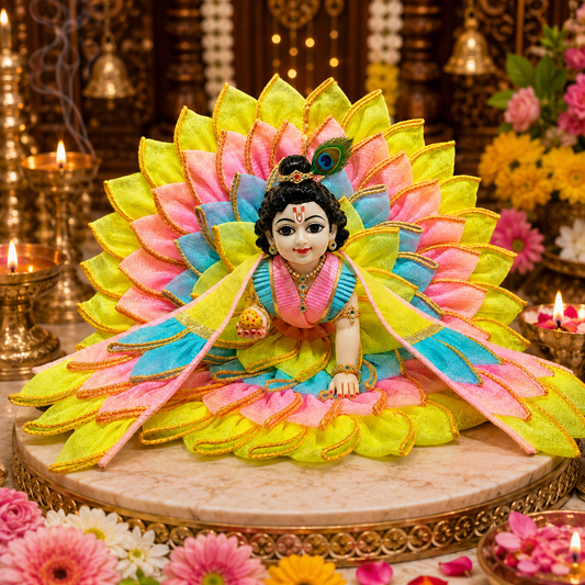 Bansuri Premium Handmade Laddu Gopal Poshak | Designer Kanha Ji Dress with Multicolor Lotus Layered Design | Festive Deity Dress for Janmashtami, Daily Shringar & Temple Decoration (TCO240)