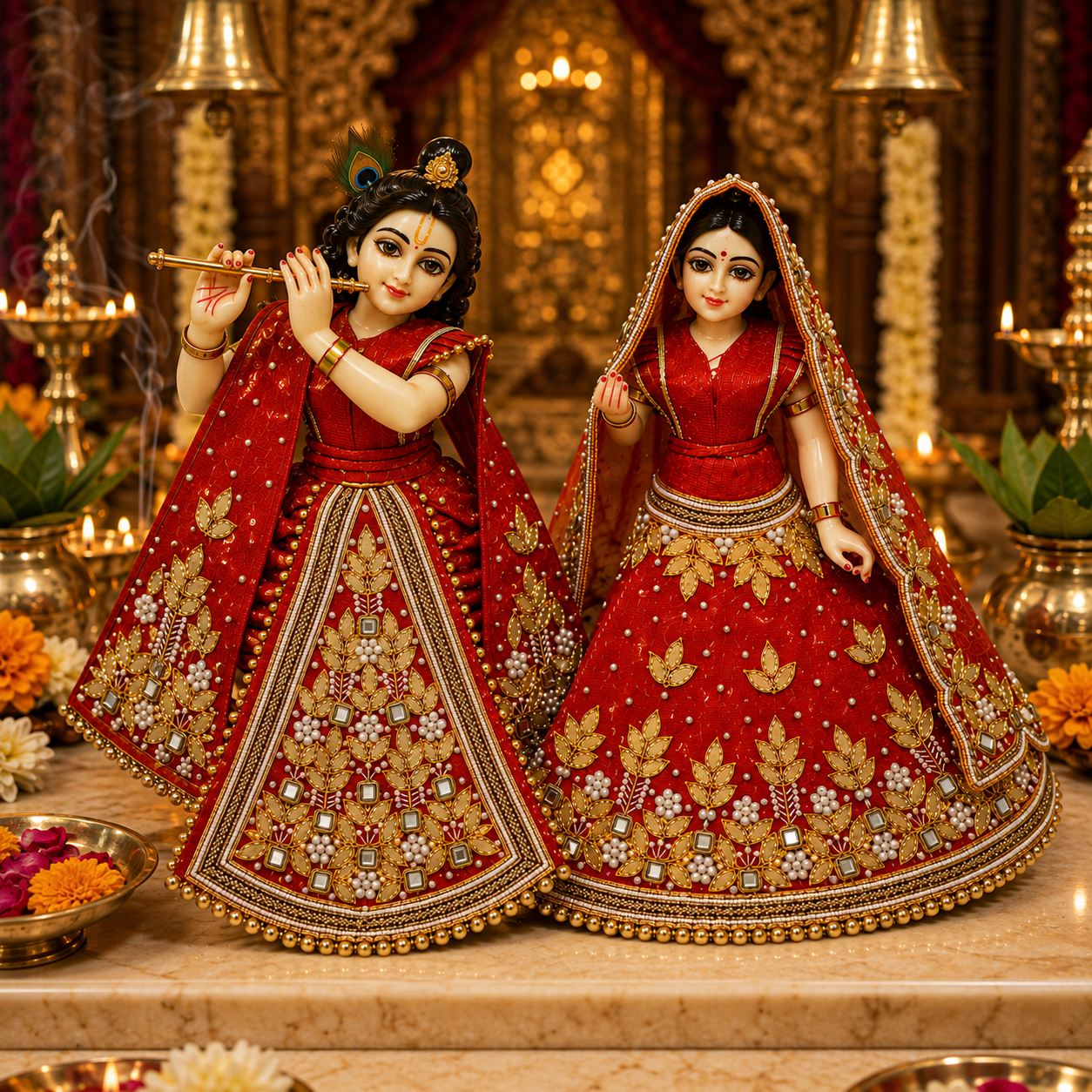 Bansuri Premium Handmade Radha Krishna Poshak | Red & Gold Designer Dress with Pearl, Stone & Beadwork (RGO260)
