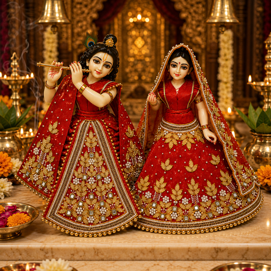 Bansuri Premium Handmade Radha Krishna Poshak | Red & Gold Designer Dress with Pearl, Stone & Beadwork (RGO260)