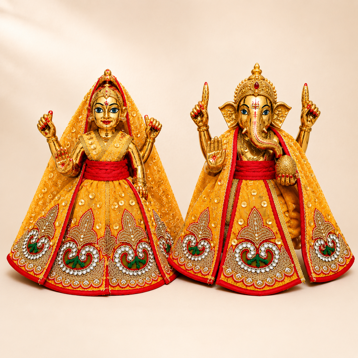 Lakshmi Ganesh Idol Dress | Golden Yellow Deity Outfit with Red Border & Pearl Work | Pooja Murti Vastra – Bansuri MT131GL